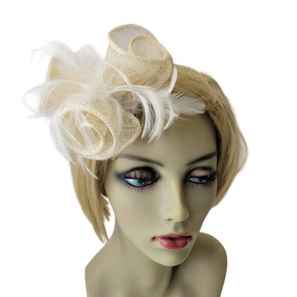 Cream Flowers Small Fascinator with White Feathers Hair Accessory Dress Corsage main image 6